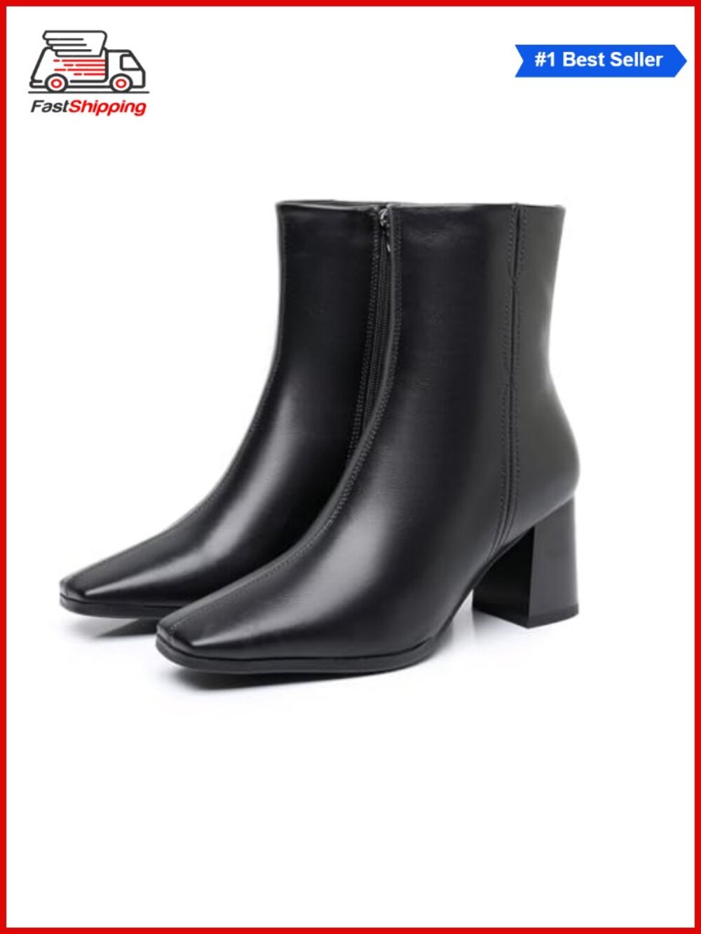 Women's Ankle Boots Square Toe Chunky Block Heel Low Heeled Booties Side Zipper
